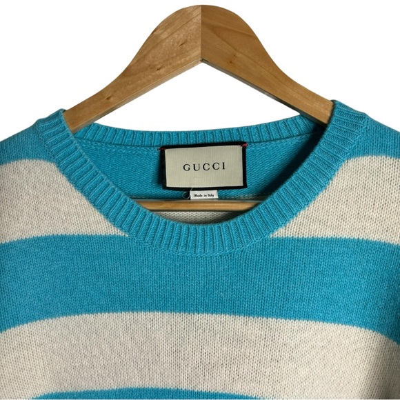 GUCCI Angry Cat-Intarsia Wool Striped Sweater Blue White L - Picture 3 of 12